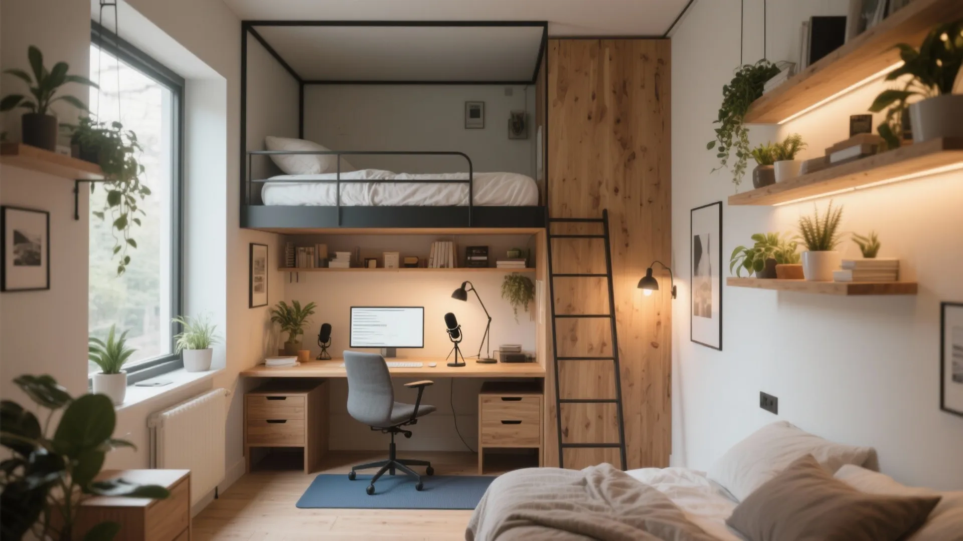 Modern small bedroom with black loft bed over wooden desk computer chair and potted green plants