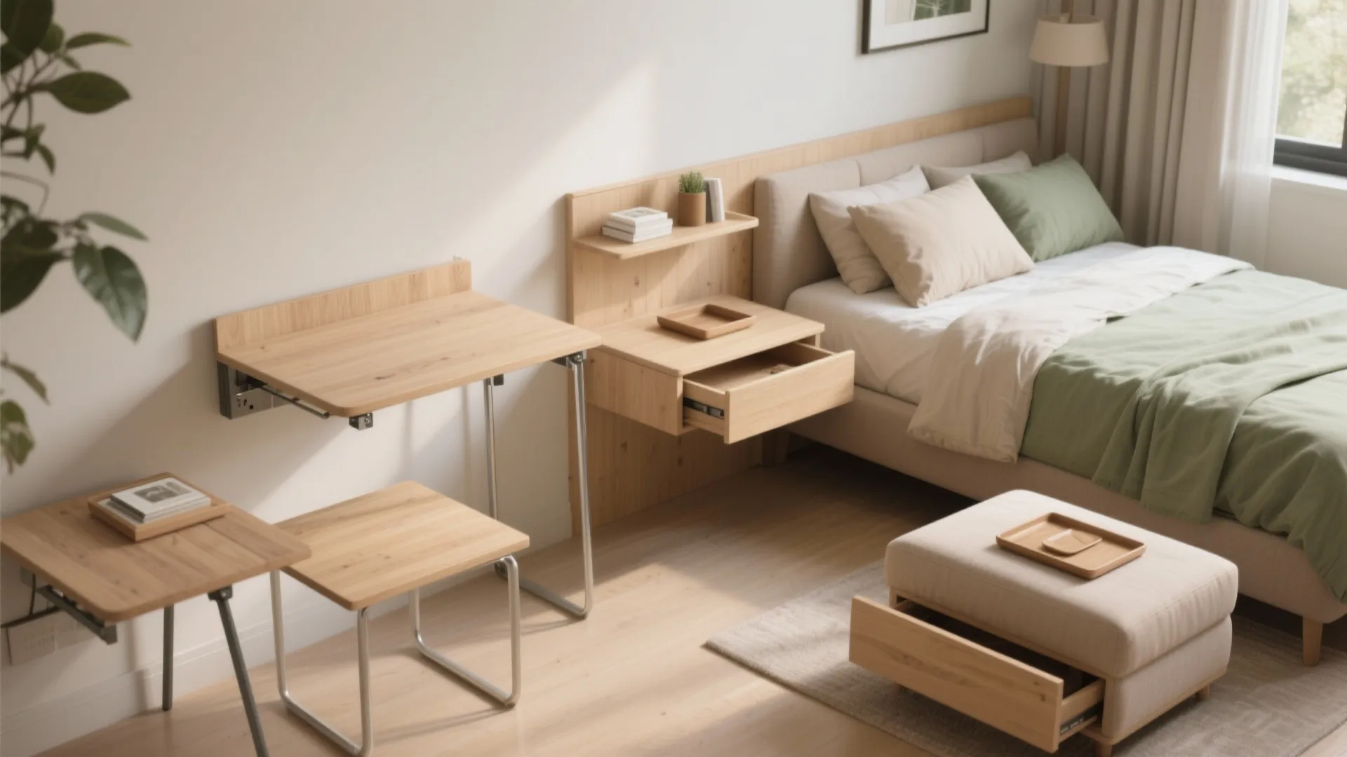 Modern bedroom with space saving wooden furniture including folding desks and a small storage footrest