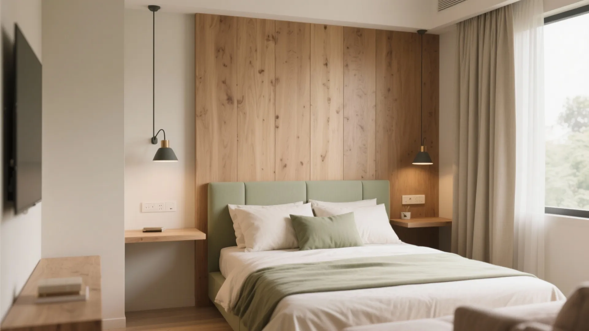 Warm wood elements in compact bedrooms