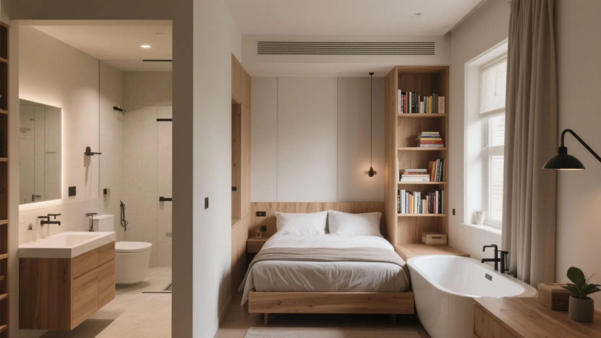 Compact bedroom design featuring a wooden bed frame next to a white bathtub and bookshelf