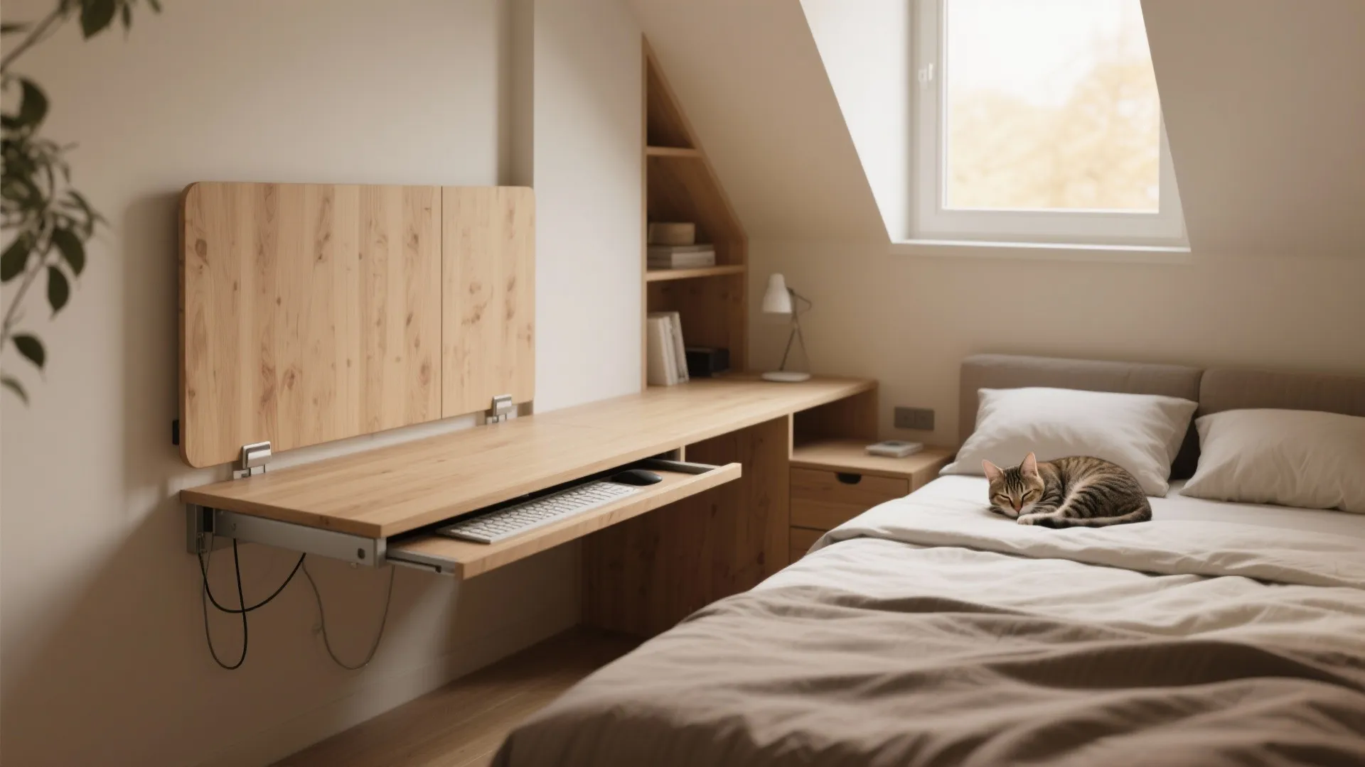 Minimalist bedroom featuring wood wall desk with keyboard tray and cat sleeping on white bed
