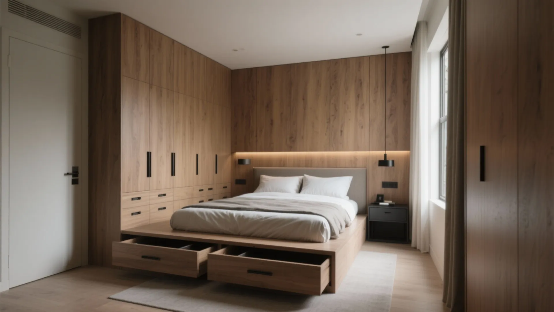 Compact wood bedroom with open drawers under bed large wooden cabinet and white room door