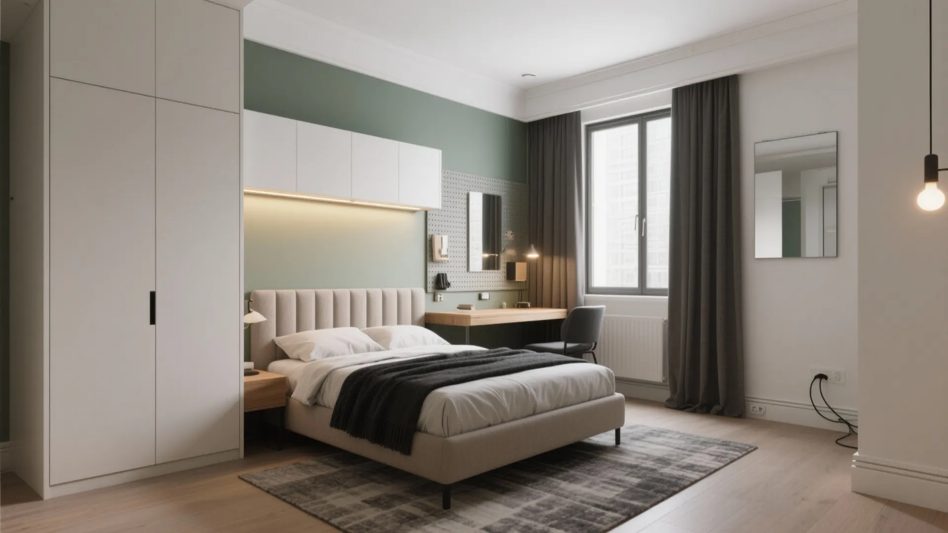 Modern small bedroom with green feature wall white wardrobe desk area dark curtains and large bed