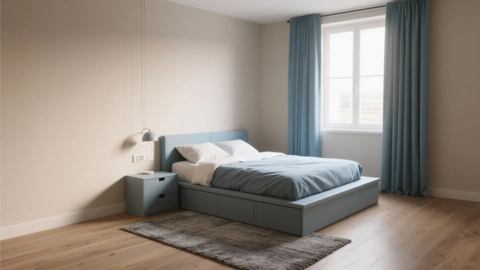 Modern blue bed with storage drawers placed on wooden floor with grey rug and curtains