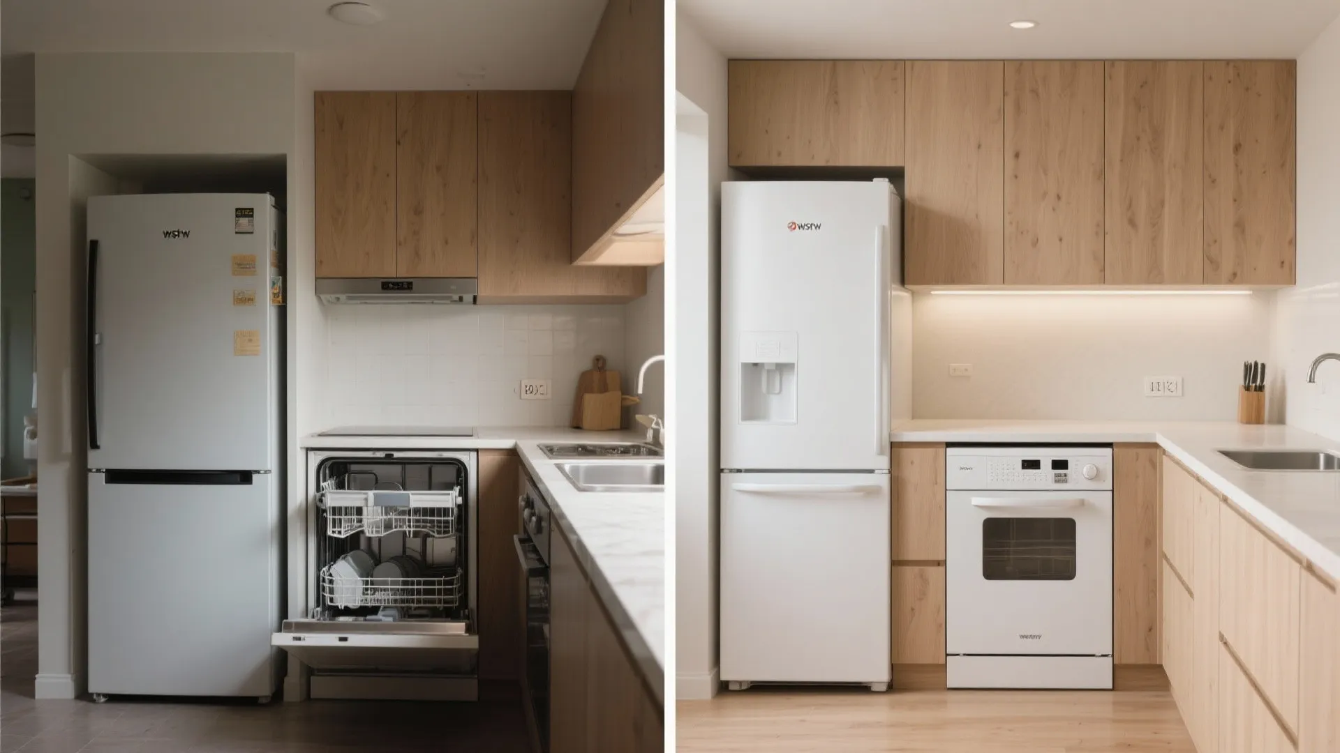 Before-and-after comparison of a kitchen renovation featuring white fridge, wood cabinets, dishwasher, and new oven