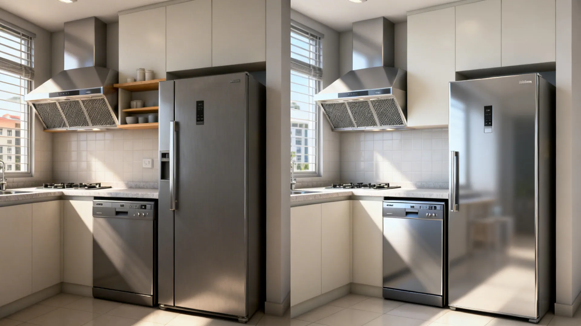 Before-and-after comparison showing bulky appliances replaced by counter-depth, slim units and a baffle hood.