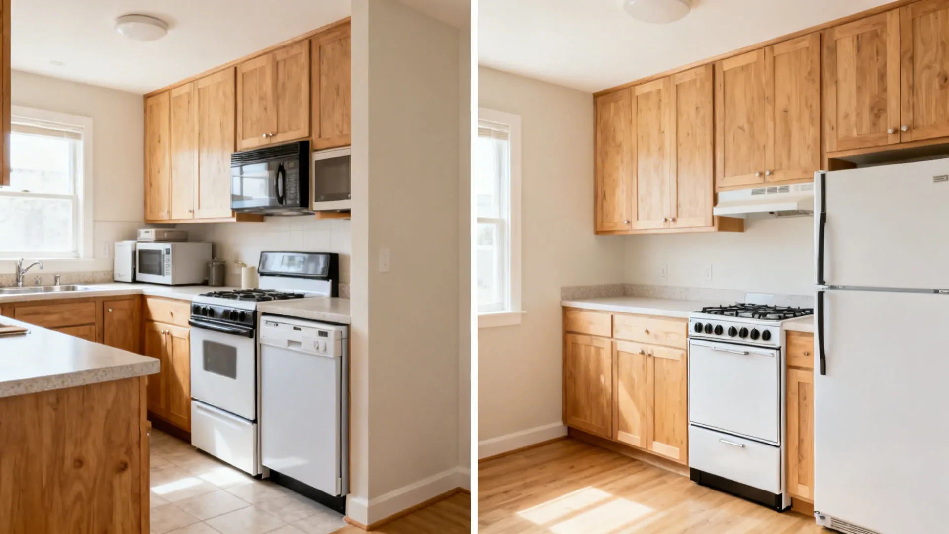 Side by side before and after comparison of a kitchen renovation with new white appliances