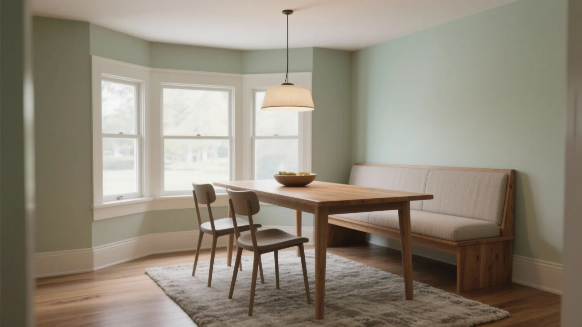 Dining nook with light green walls wooden table grey rug two chairs and long bench