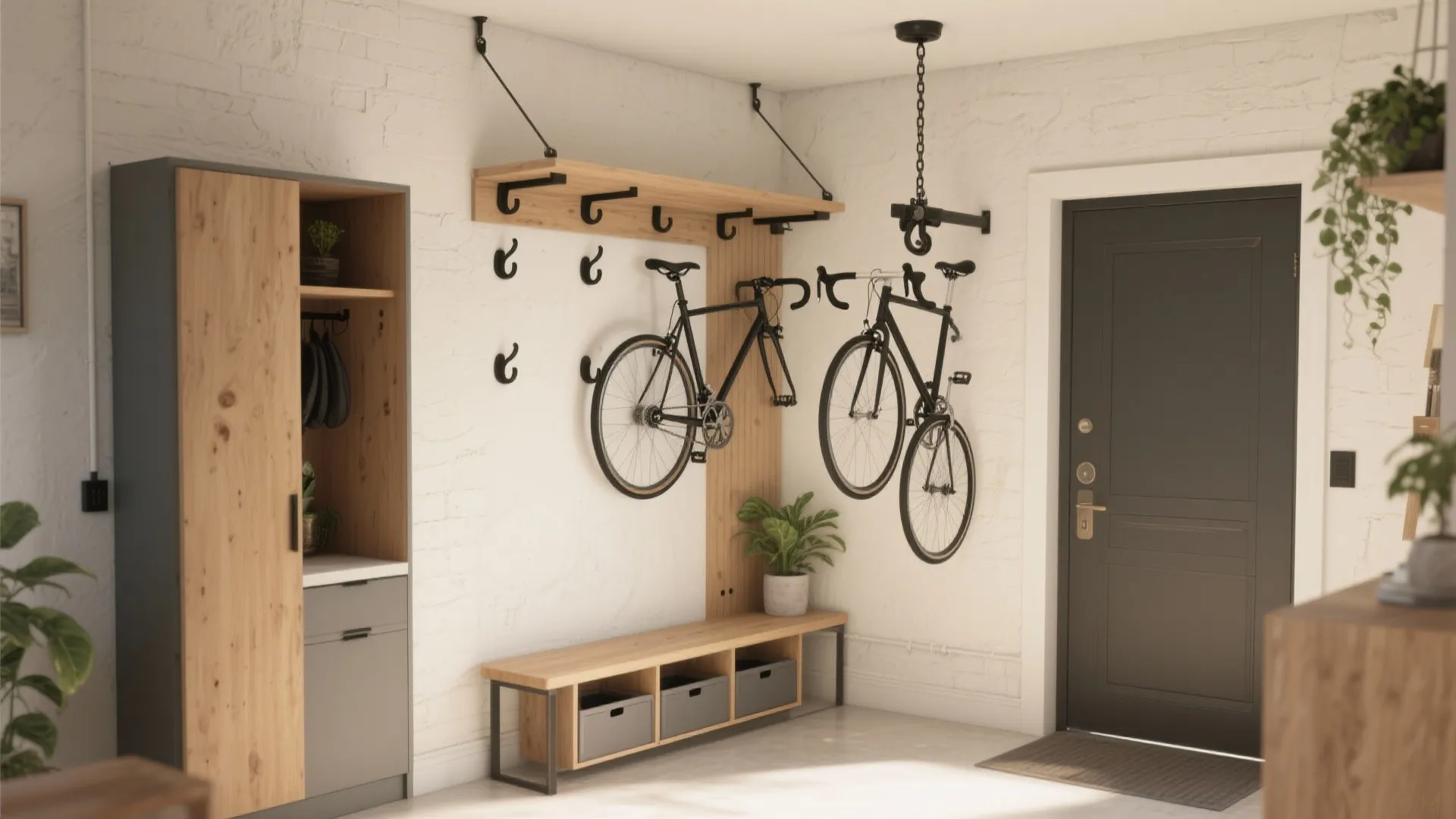 Entryway featuring two bikes hanging on white brick wall near wooden bench and storage cabinet