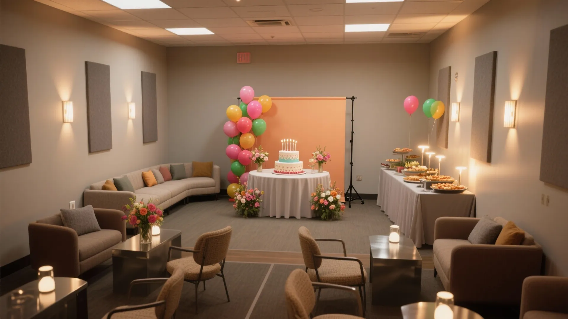 Indoor birthday party room with cake, colorful balloons, orange backdrop, flowers, and comfortable gray sofa