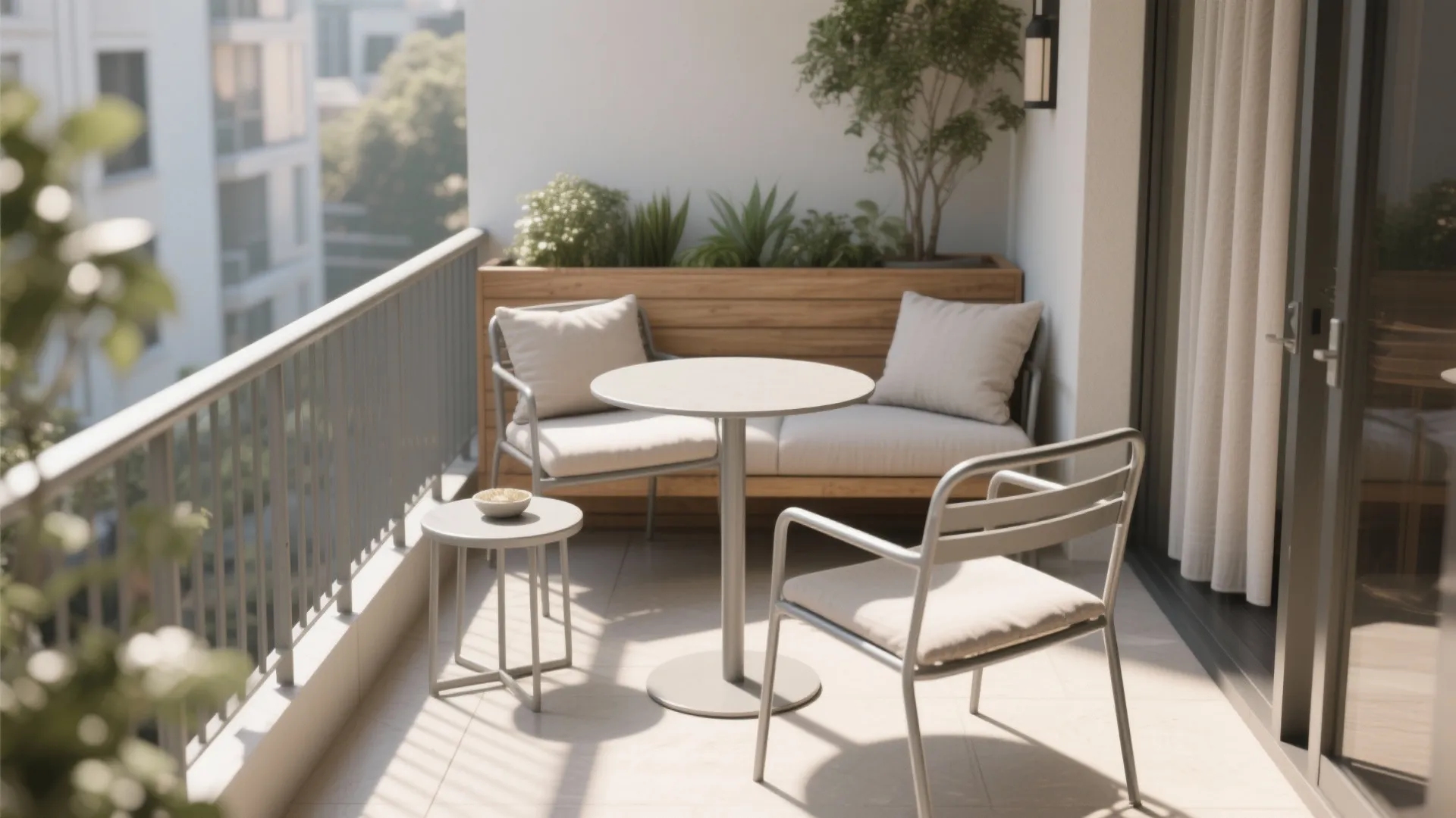 Compact lounge: slim-profile seating and a bistro table
