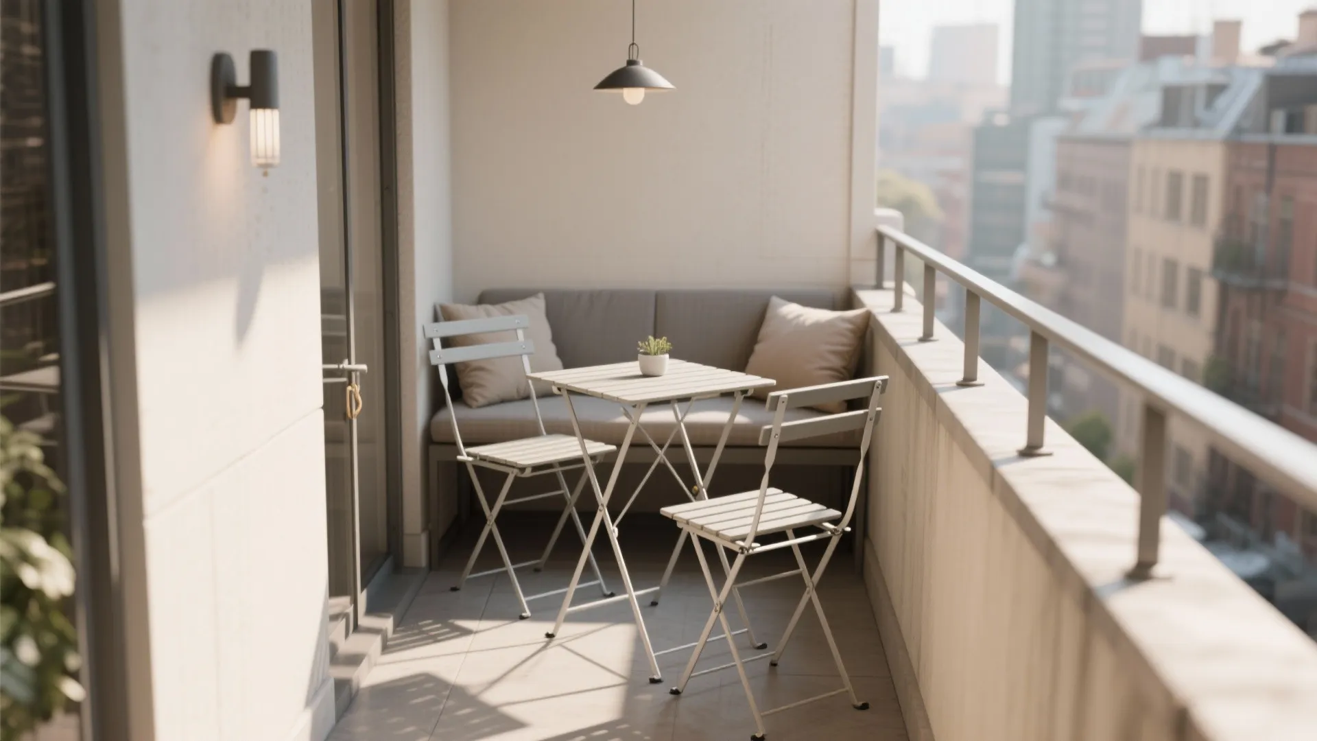 Small balcony with white metal bistro table plus chairs and grey bench under hanging light