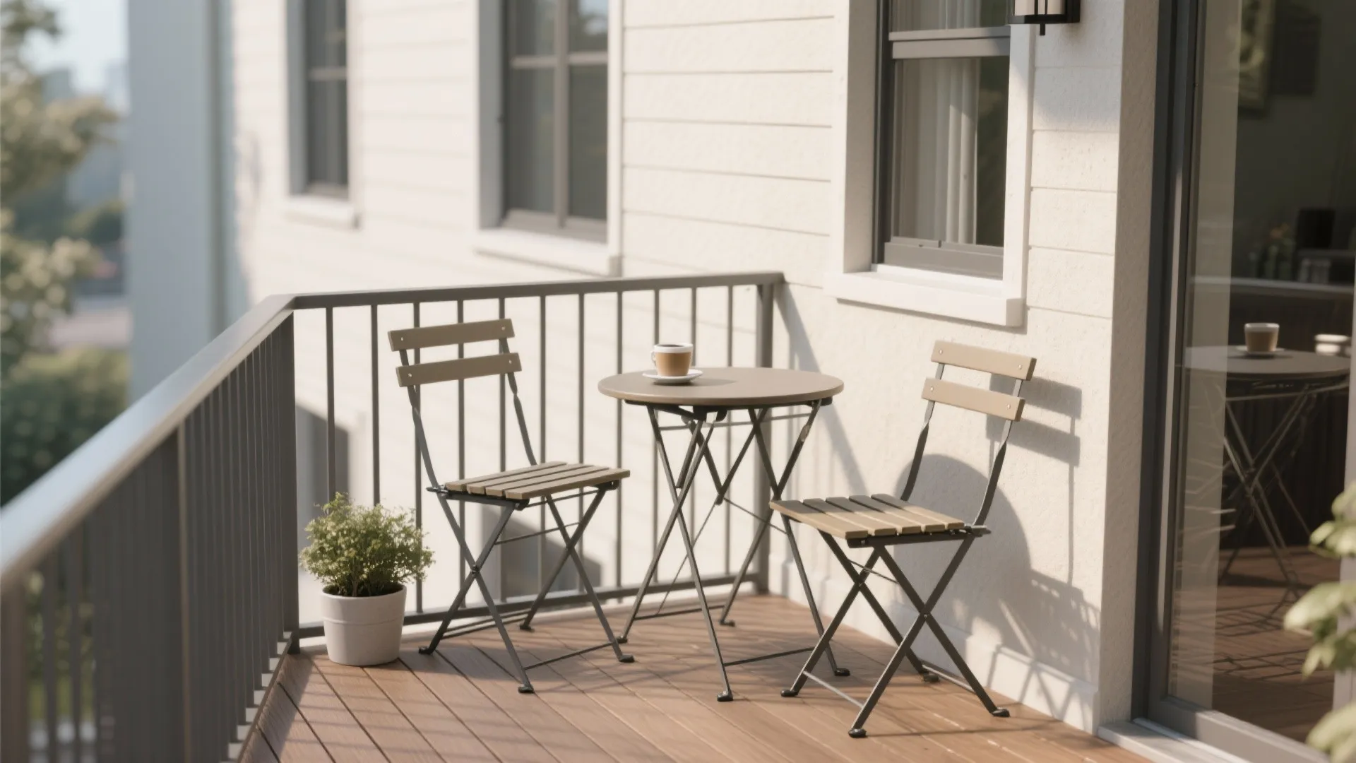 Small outdoor balcony with a round table two folding chairs a coffee cup and plant