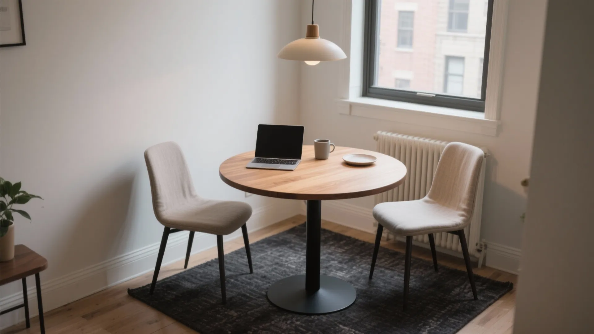 Small round wooden dining table with two chairs laptop coffee mug and hanging ceiling light