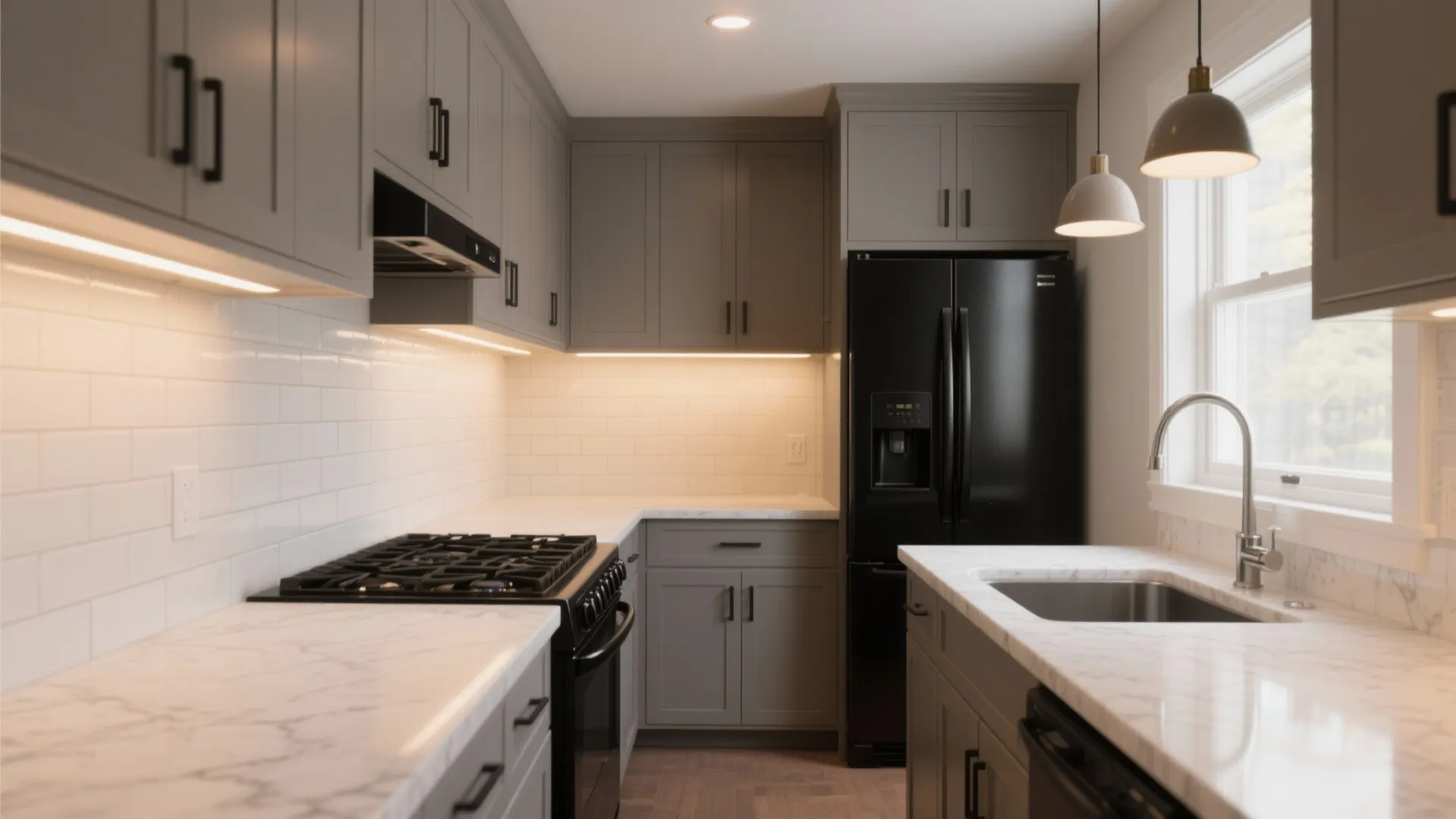 Modern kitchen with grey cabinets white marble countertops black fridge stove and hanging light fixtures
