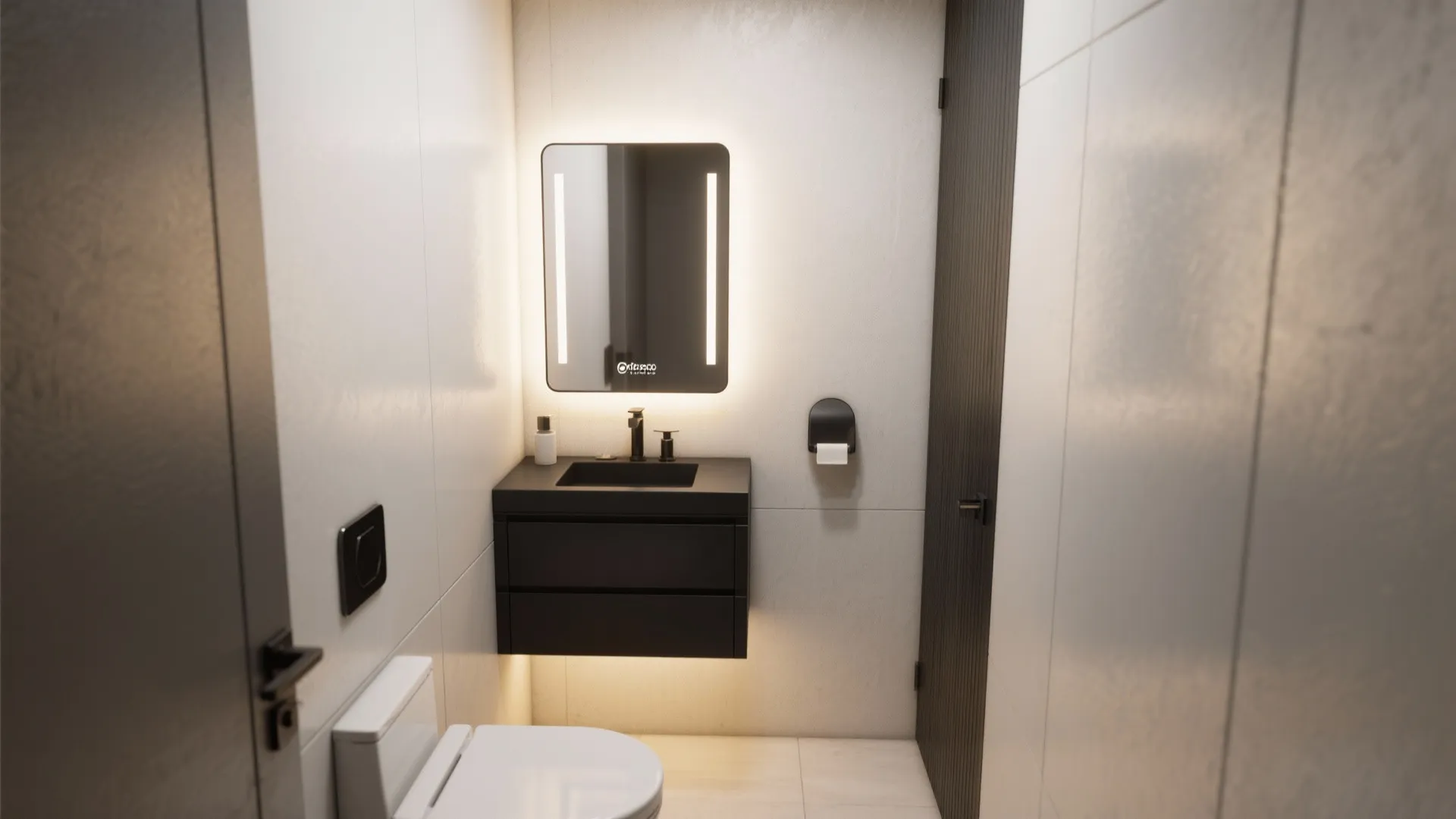 Small powder room with compact black vanity