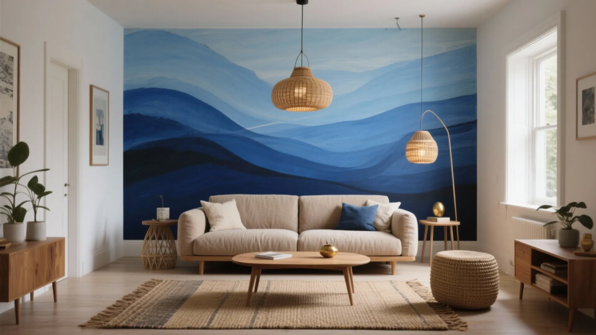 Modern living room with blue wave wall mural beige sofa wooden coffee table and ceiling light