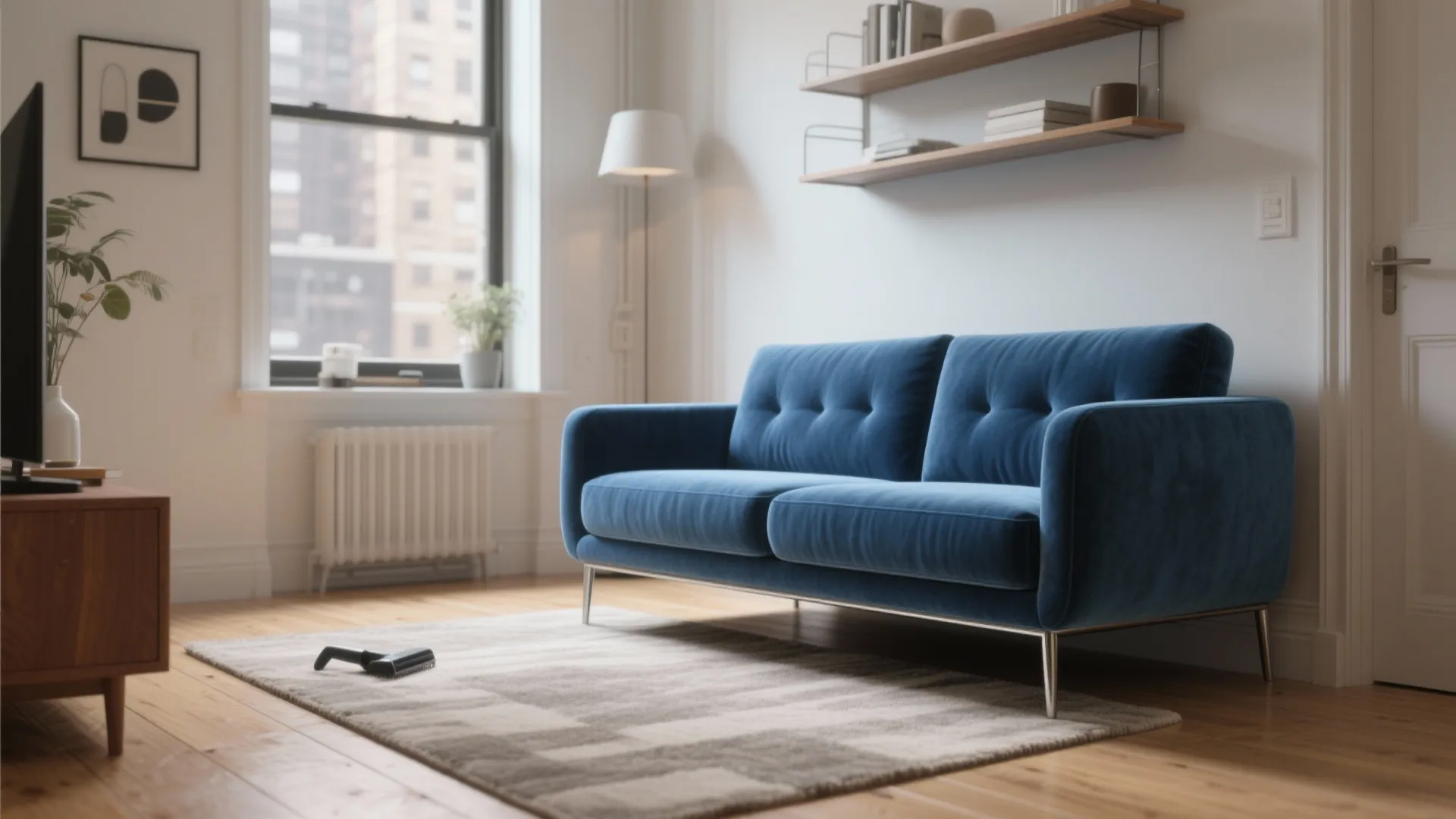 Tiny apartment with a compact blue velvet sofa on slim steel legs and light wood floor.
