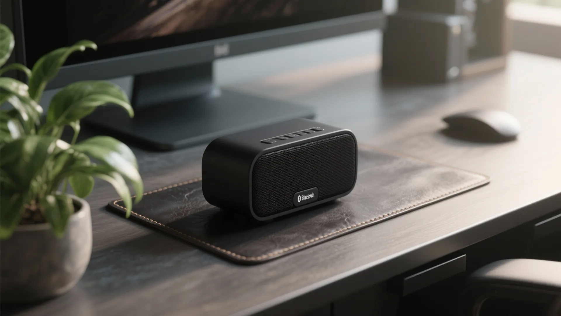 Black portable speaker on a dark leather mat next to a monitor and green plant