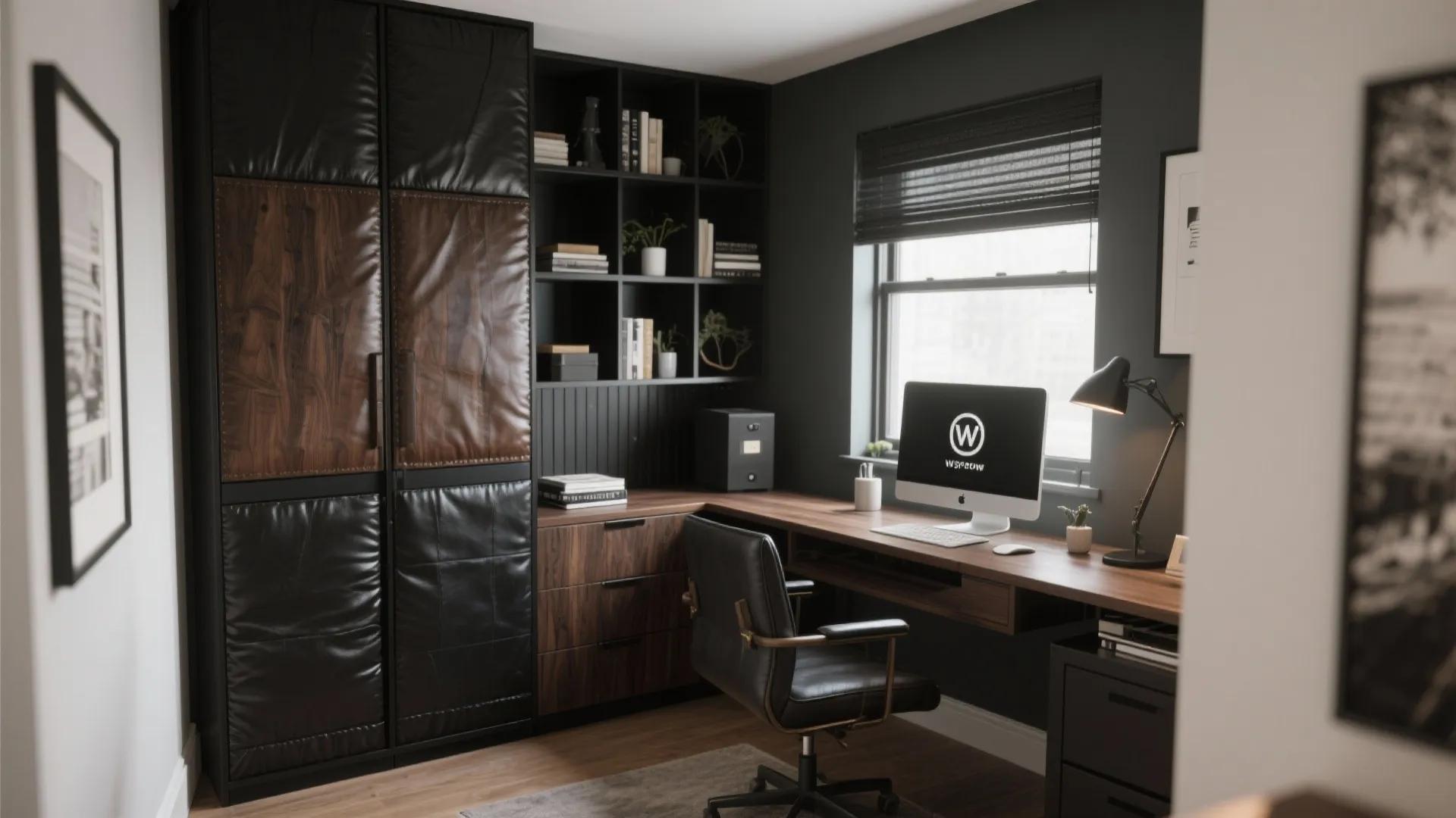 Small office featuring dark wood desk black chair wall shelves and window with black blinds