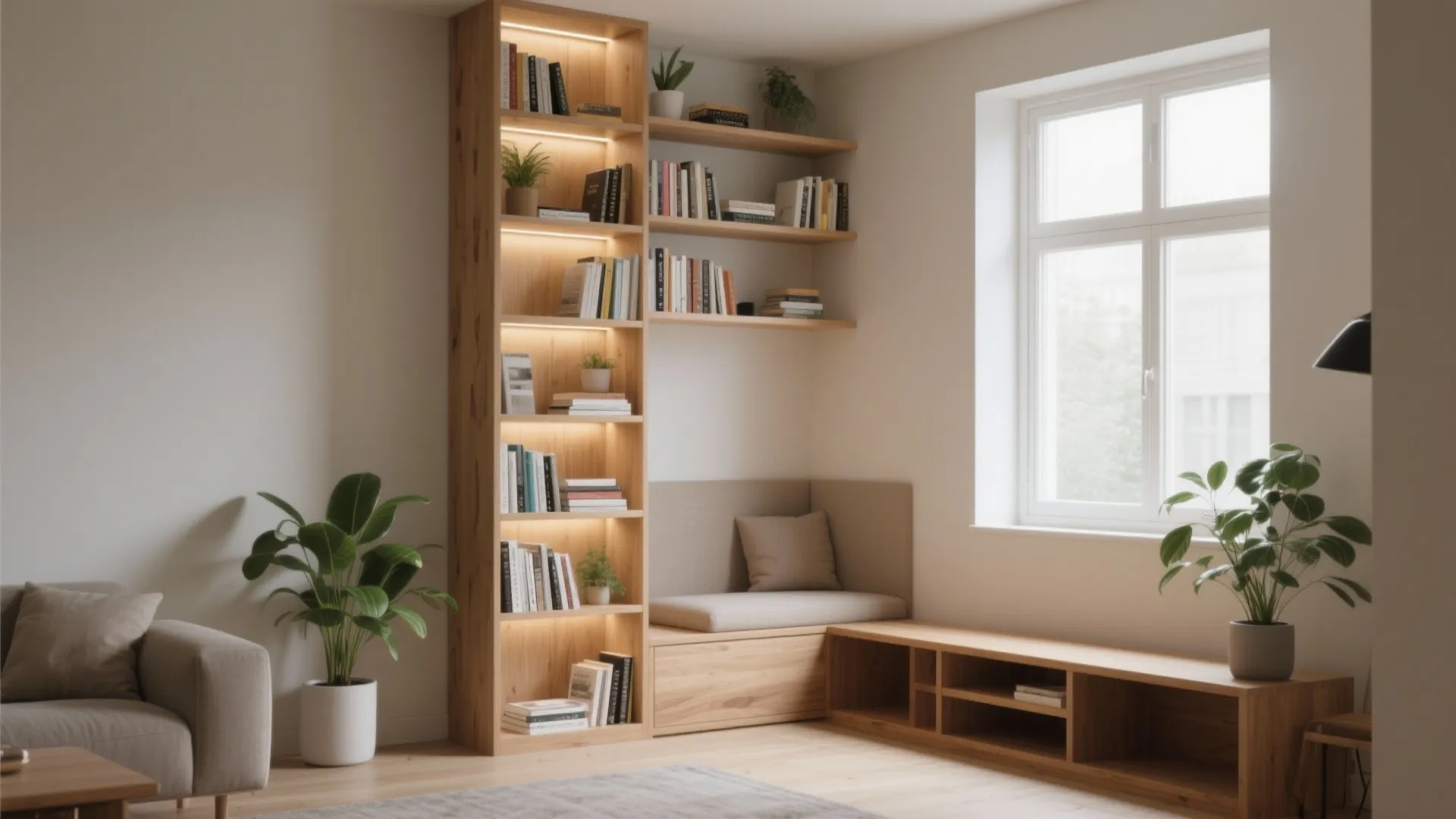 Tall wooden bookcase next to window with built in seat potted plants and warm lighting