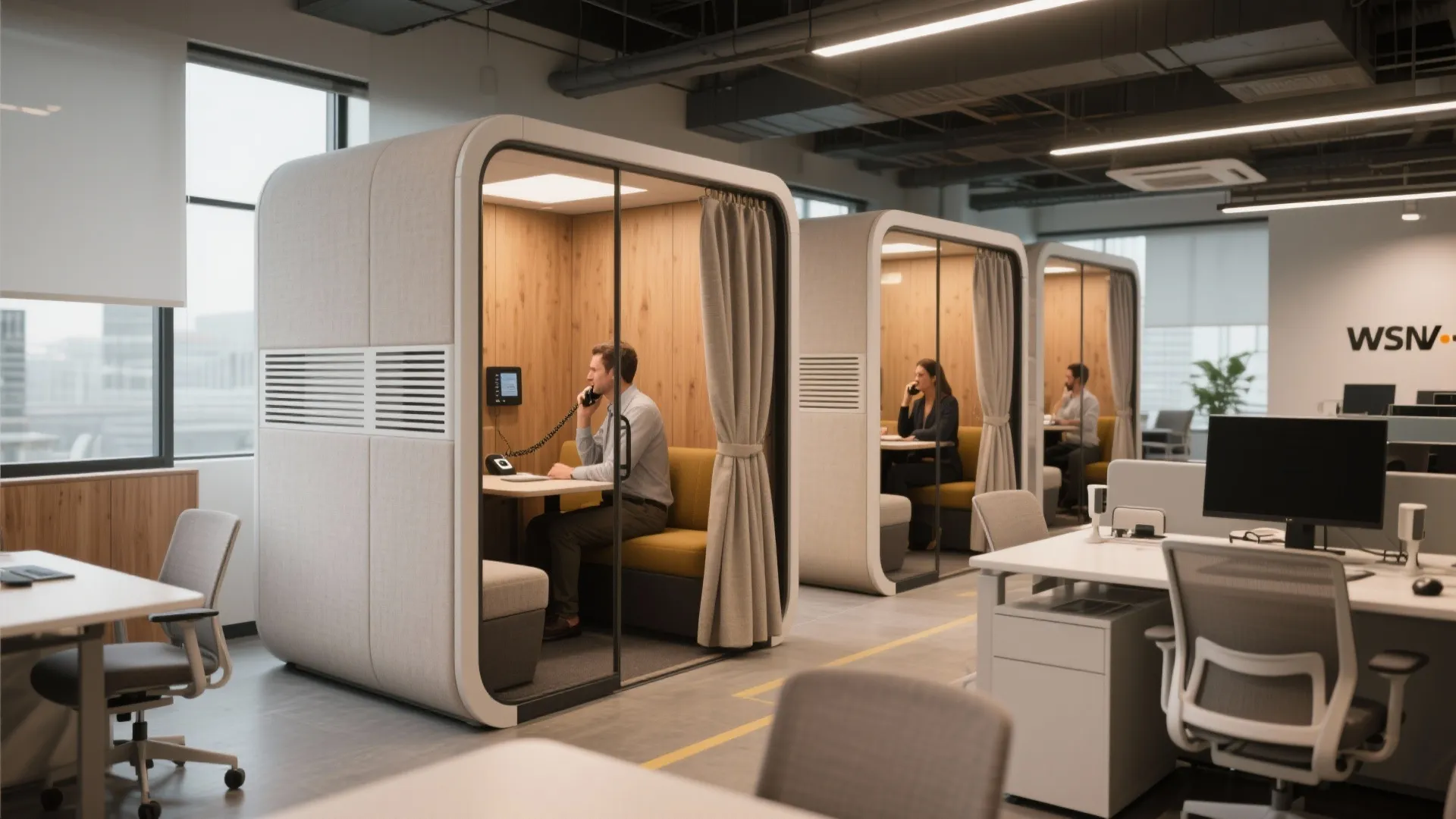 Compact meeting booths and ergonomic office zoning