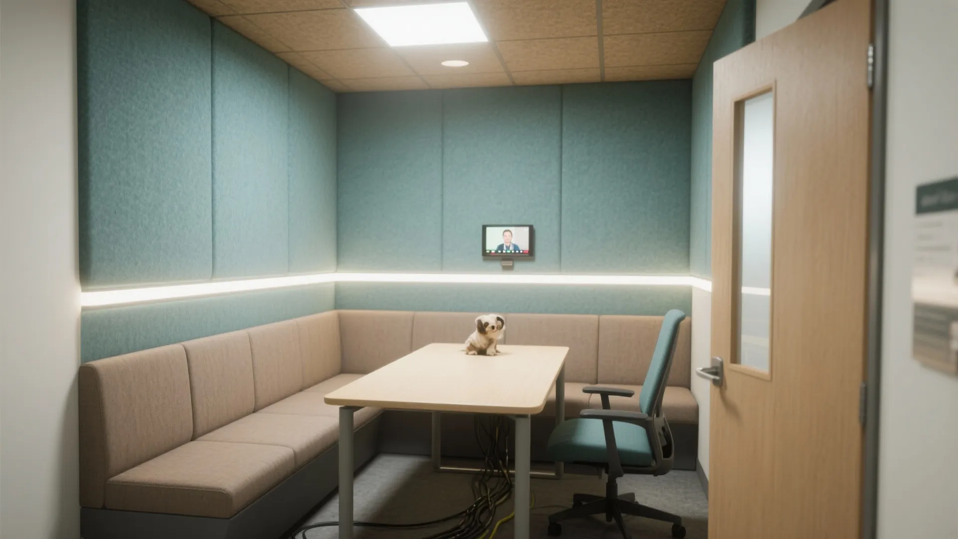 Modern meeting room design featuring a corner sofa desk chair wall light and small screen