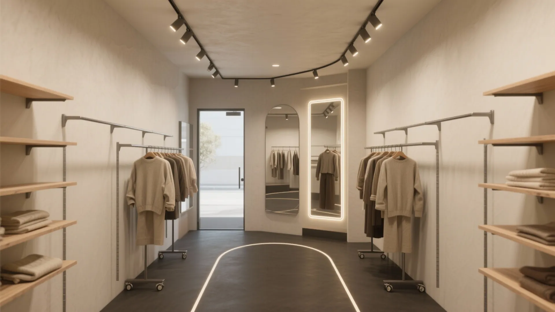 Small clothing store interior design with wooden shelves clothes racks track lighting and full mirrors