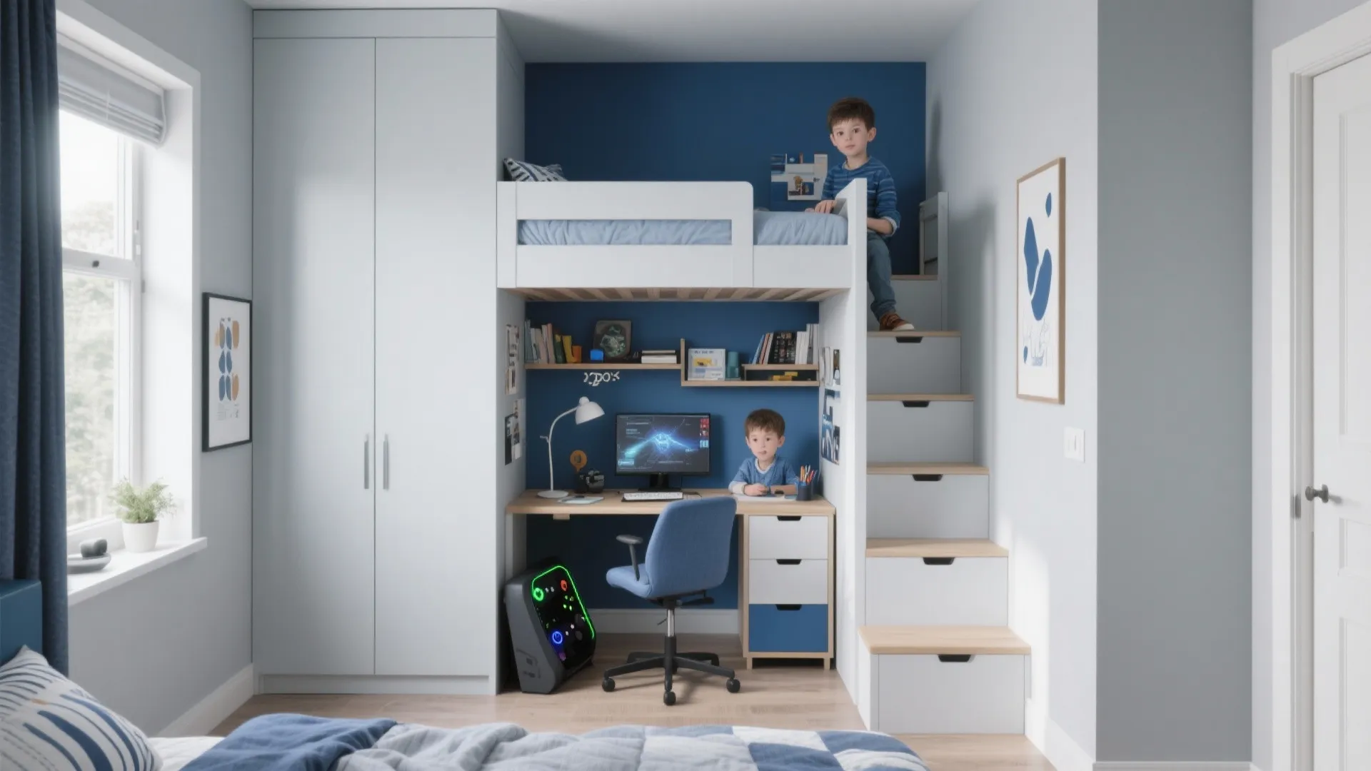 Modern white loft bed with built in desk and storage stairs in a blue bedroom