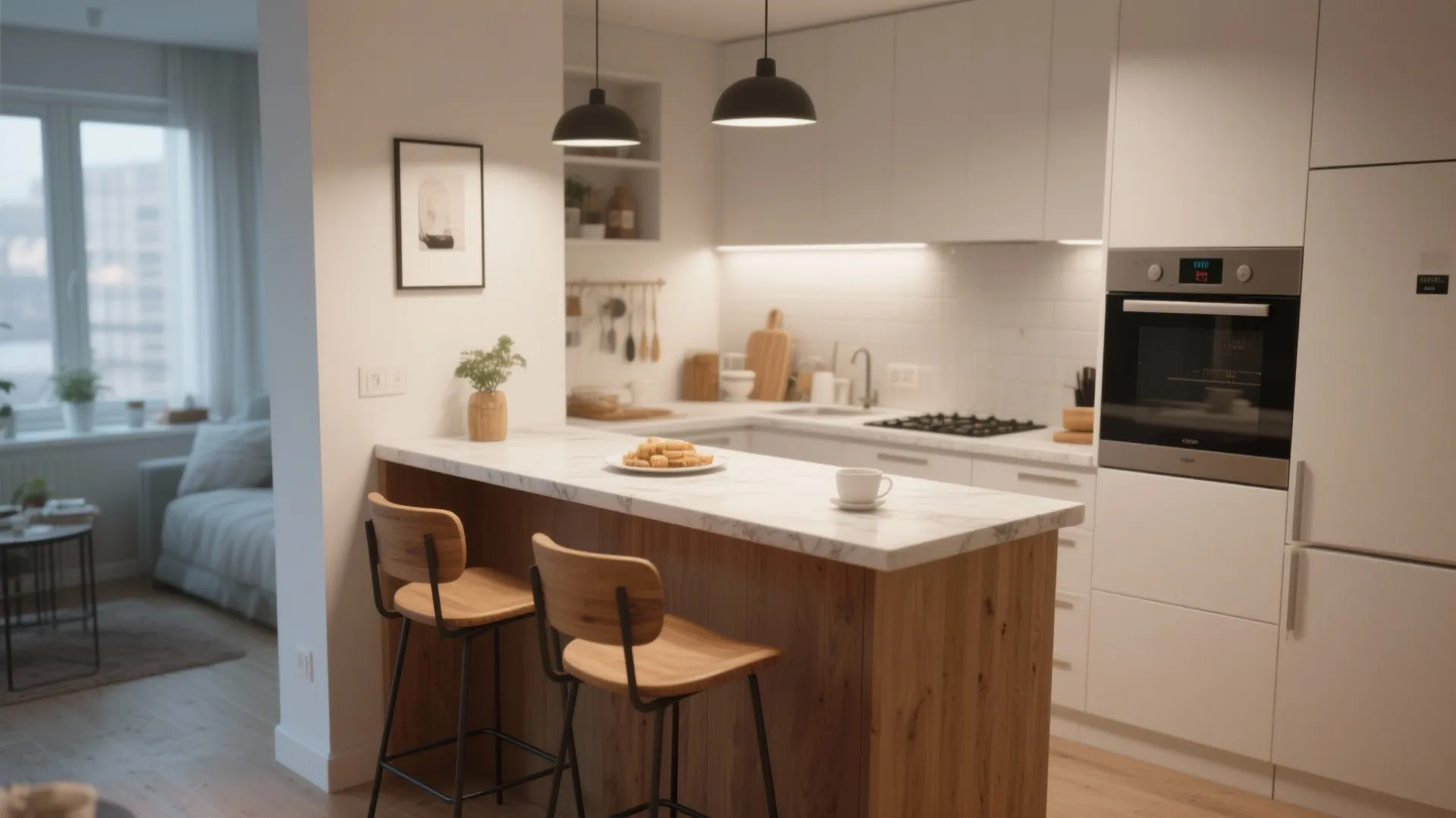 Small kitchen with integrated slim breakfast bar for two