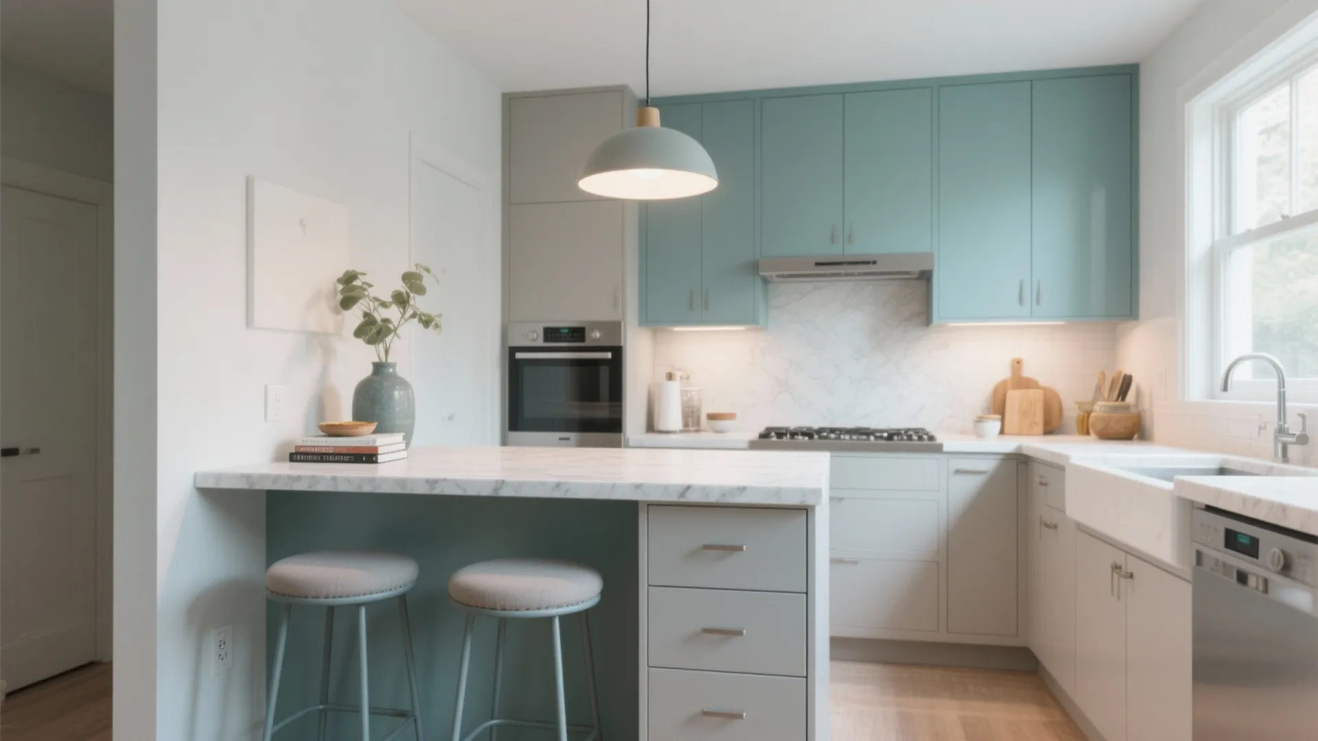 Modern kitchen with blue cabinets marble countertop two bar stools ceiling light and large white sink