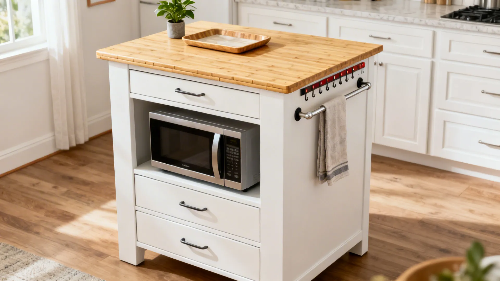 Small breakfast-prep island with drawers, microwave shelf, towel bar, and bamboo top in a bright kitchen.