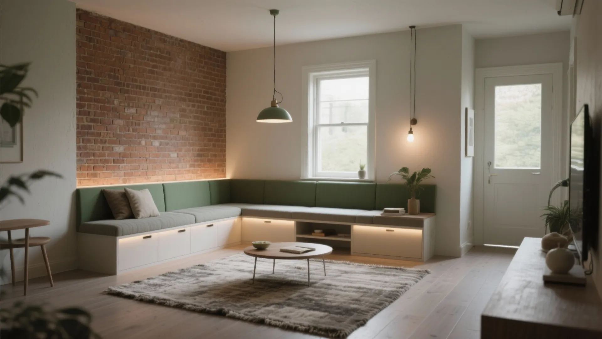 Modern living room with green corner sofa brick wall wooden floor round coffee table and rug