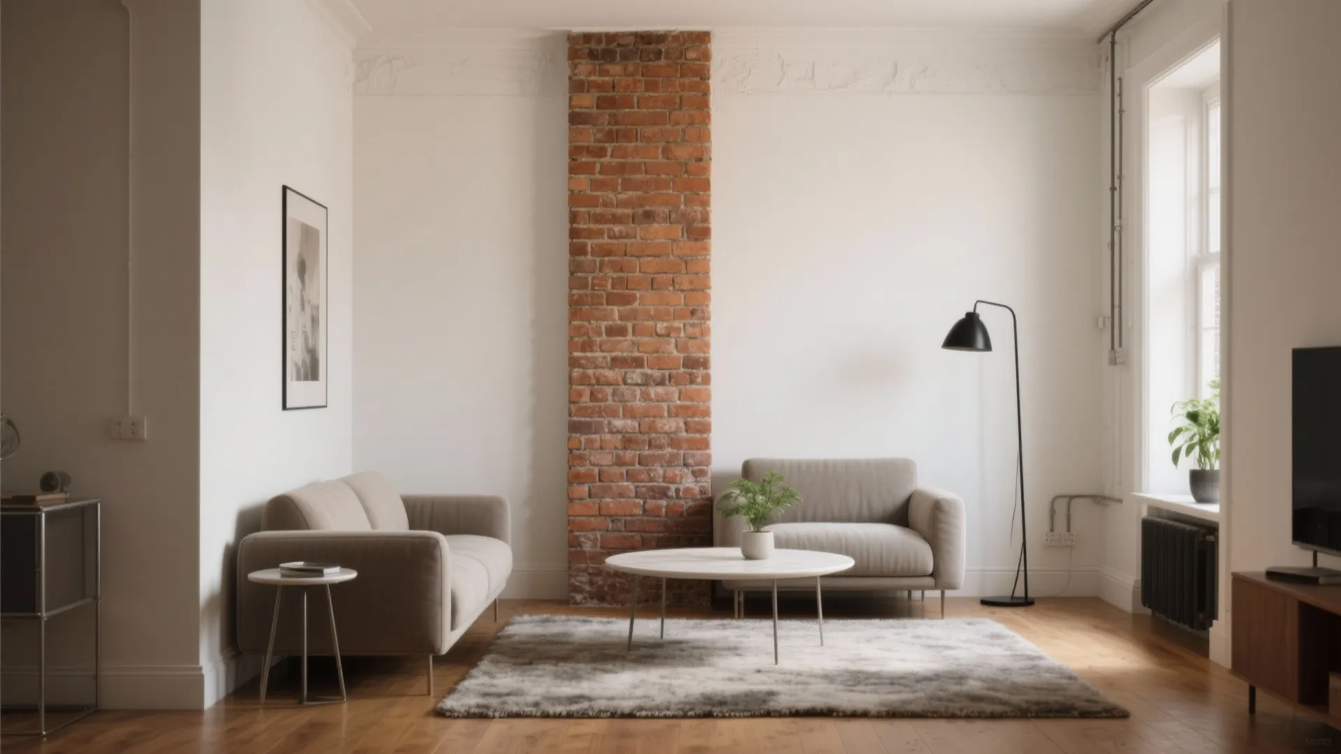 Industrial brick accent in a compact living room
