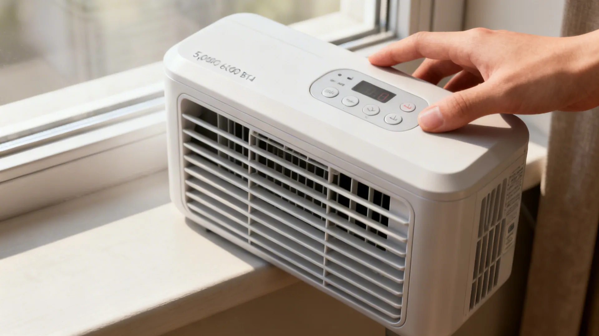 Close-up of a compact 5,000–6,000 BTU window AC control panel and vents on a windowsill.
