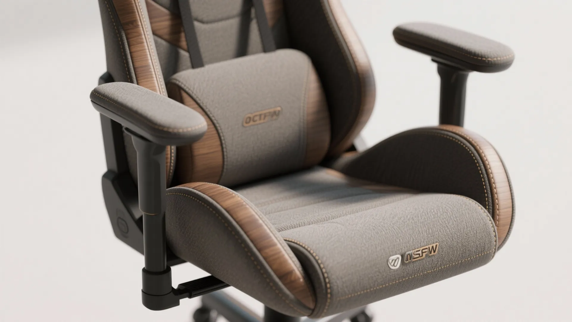 Close-up of a compact ergonomic bucket gaming chair showing slim profile, lumbar support and adjustable armrests.