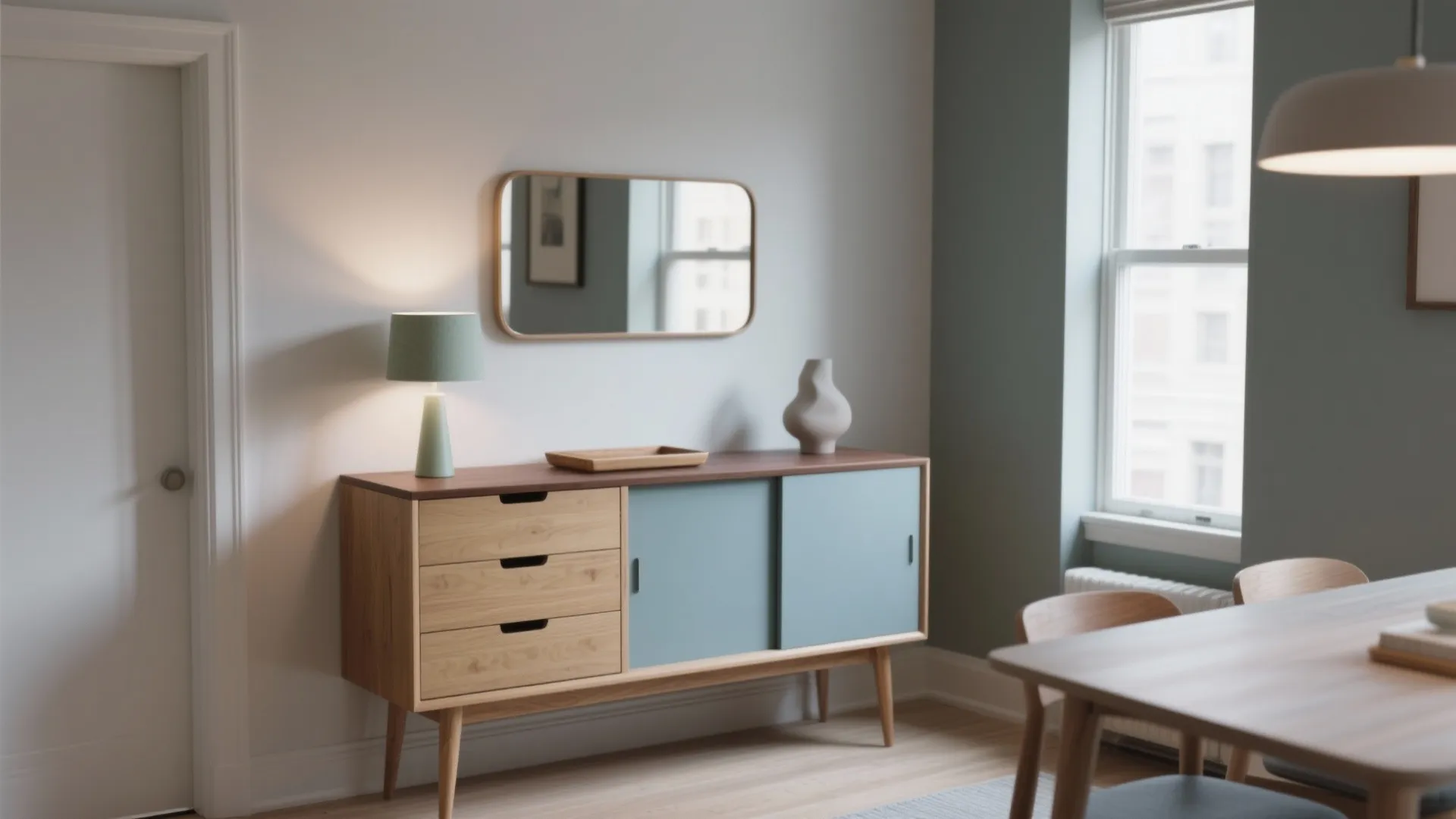 Modern wooden cabinet with blue sliding doors under a mirror next to a green lamp