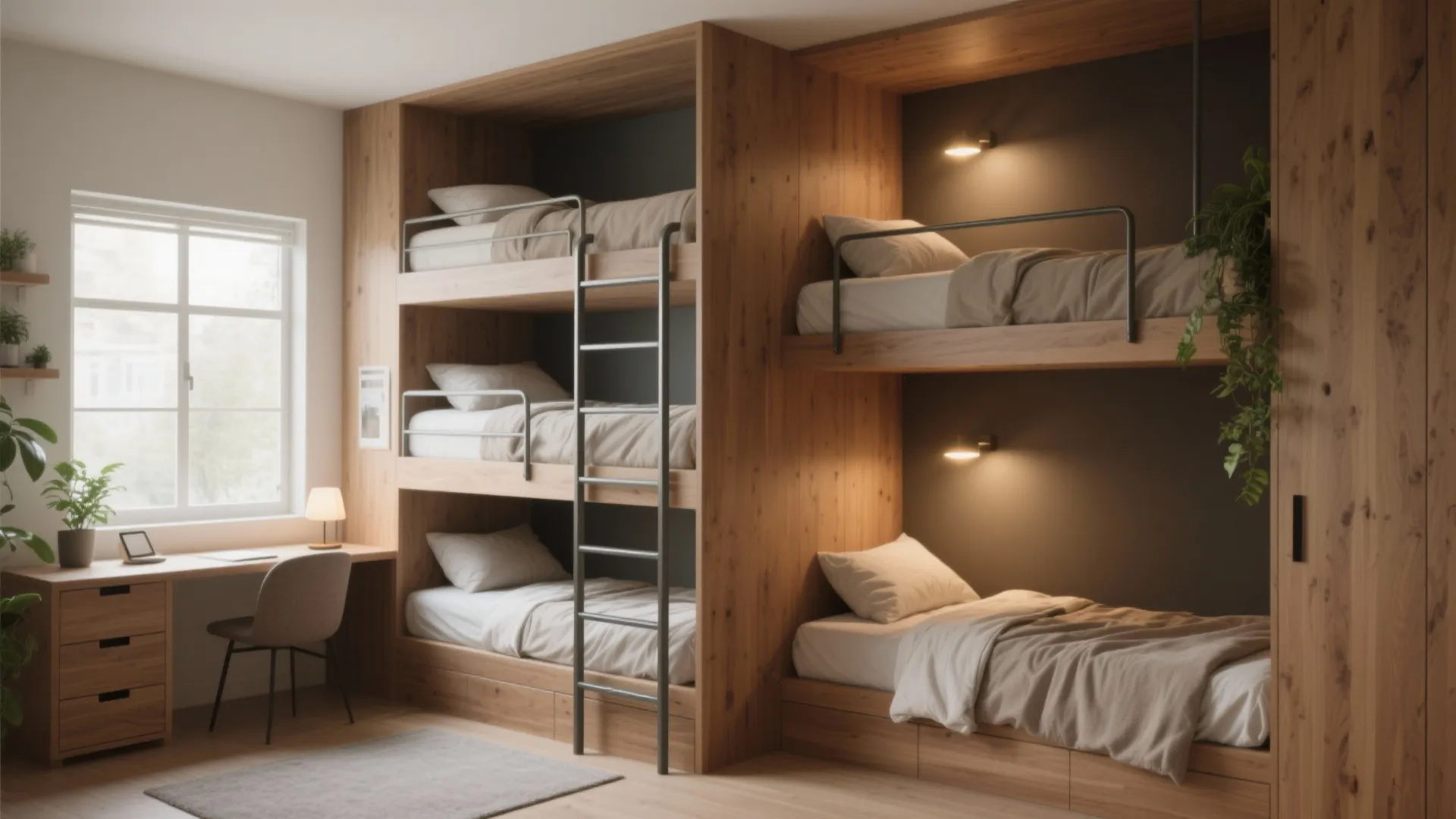 Modern wooden bunk beds built into wall next to desk with chair and bright window