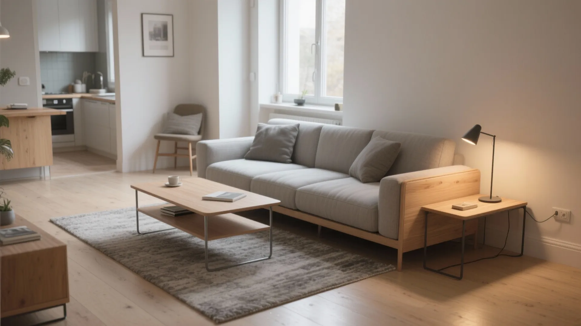 Modern bright living room with grey sofa wooden coffee table black desk lamp and kitchen