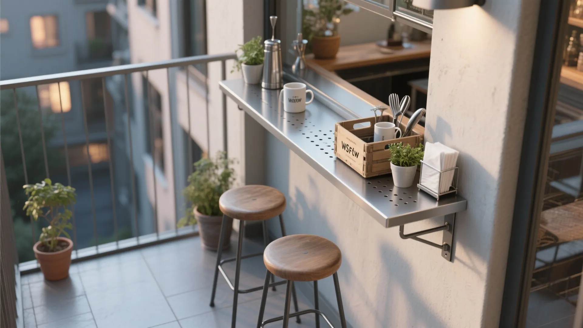 Compact balcony bar with a rail-mounted shelf, two stools, and a small crate for mugs and tools.