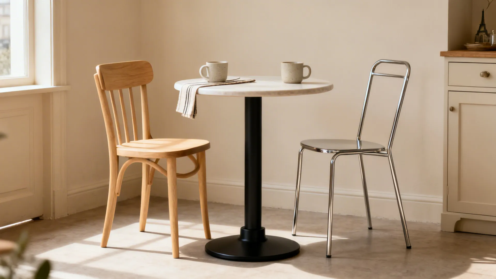 Small round café table with a weighted pedestal and two mismatched chairs in a bright kitchen corner.