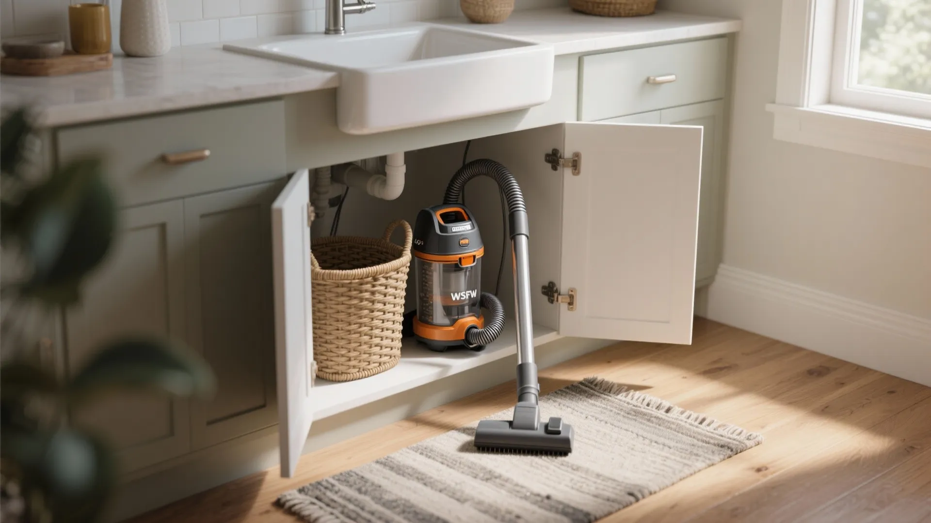 Small vacuum cleaner stored inside open kitchen sink cabinet with woven basket and wood floor rug