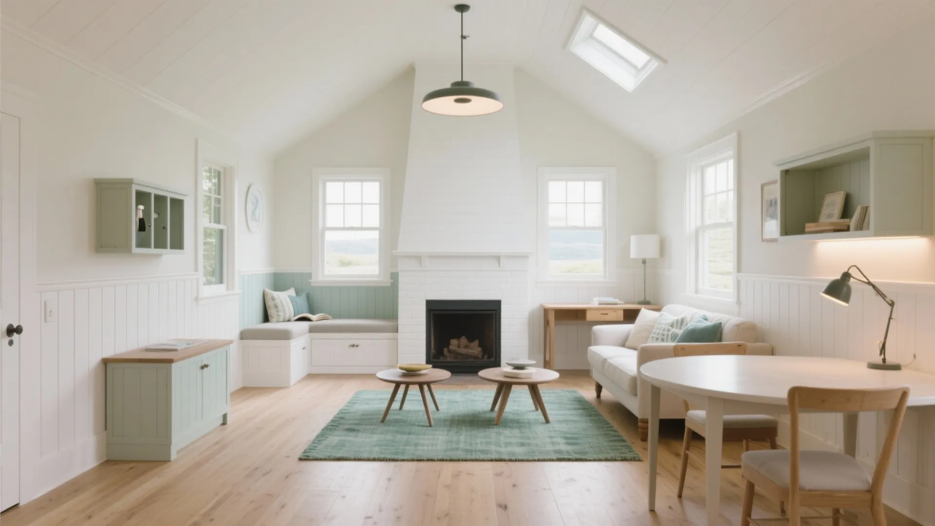 Bright living room with white walls a ceiling light fireplace sofa table and green rug