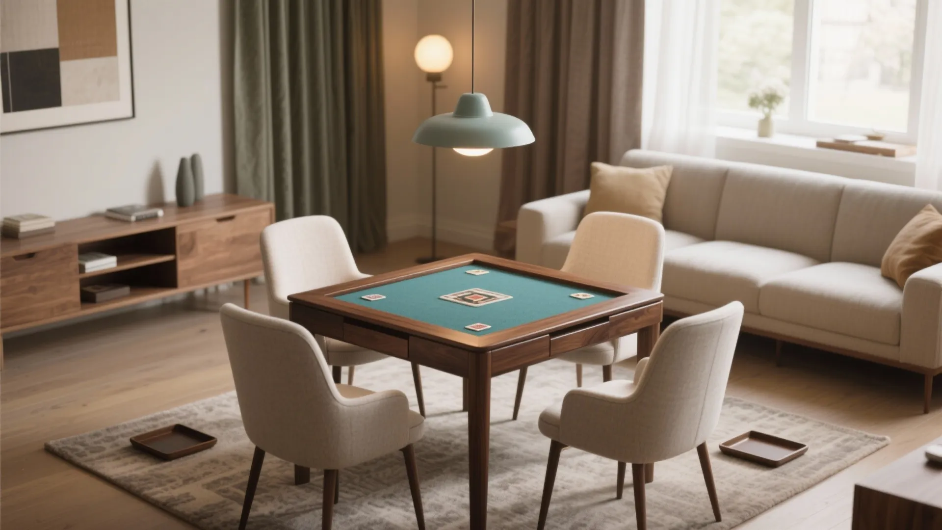 Modern wooden card table with four white chairs in a living room under ceiling light