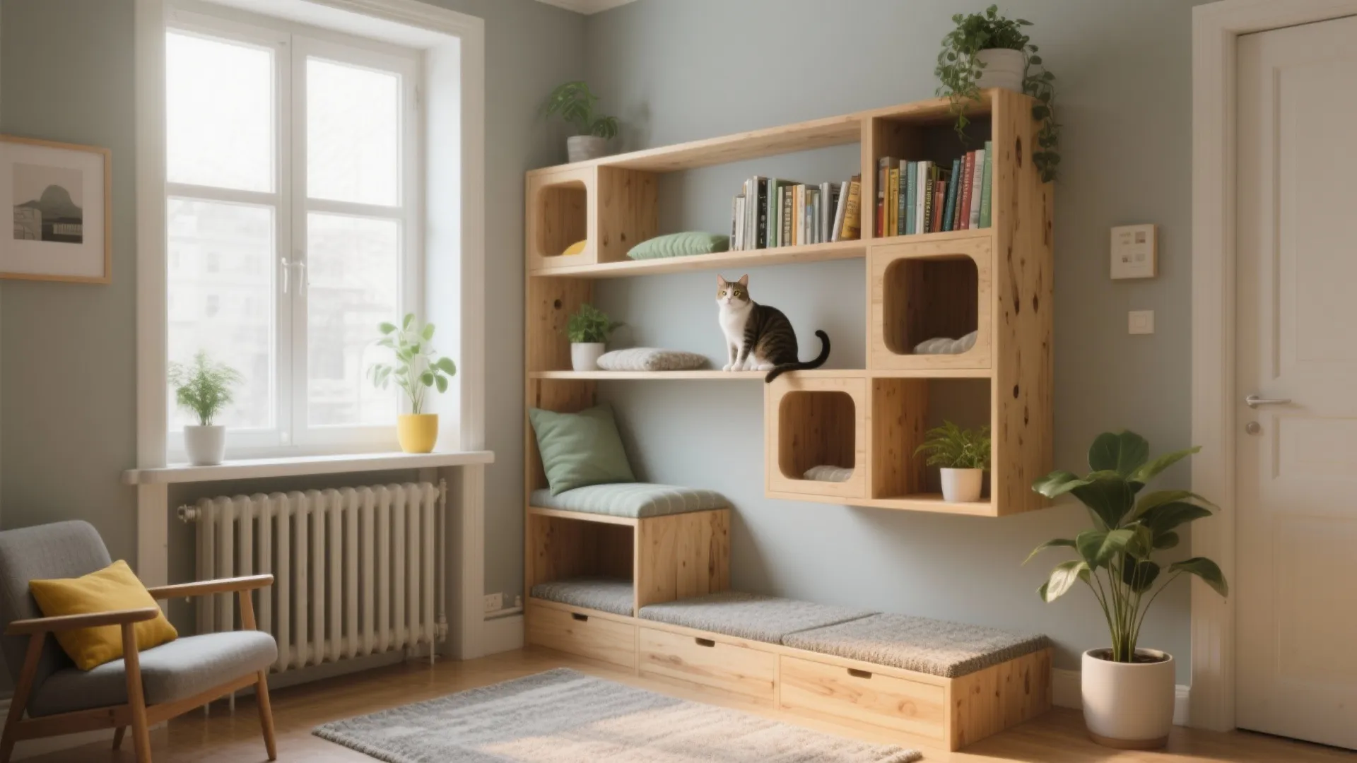 Modern wooden cat shelf unit with built in beds books and cat sitting on ledge