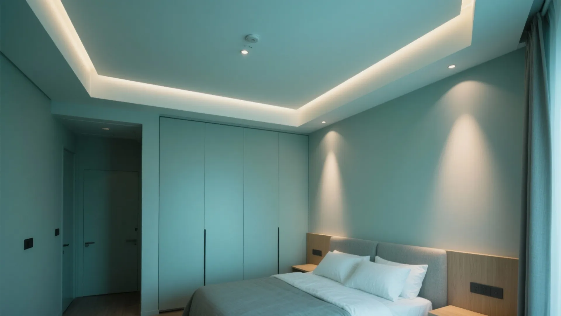 Modern bedroom showing blue walls, hidden ceiling light, large bed, built-in cabinet, and soft light