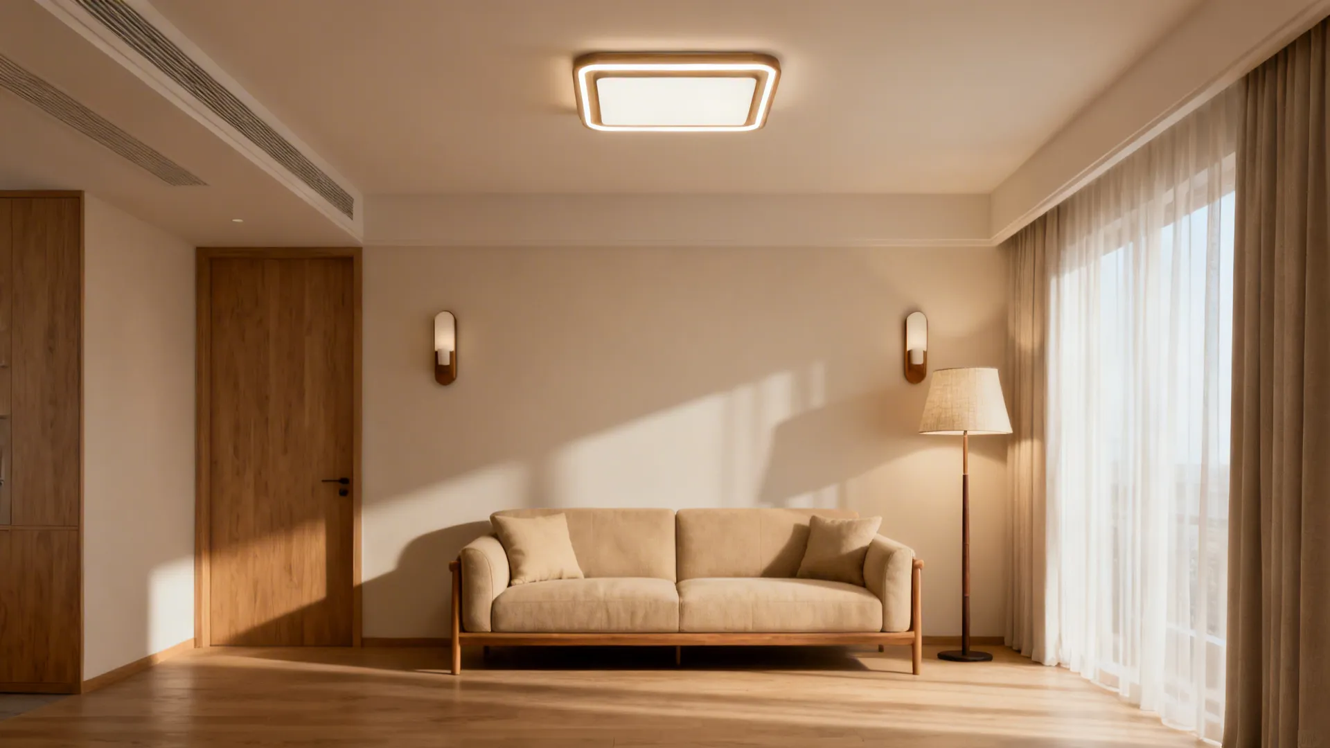 Small living room with a low-profile semi-flush ceiling fixture and floor lamp creating balanced layered light.