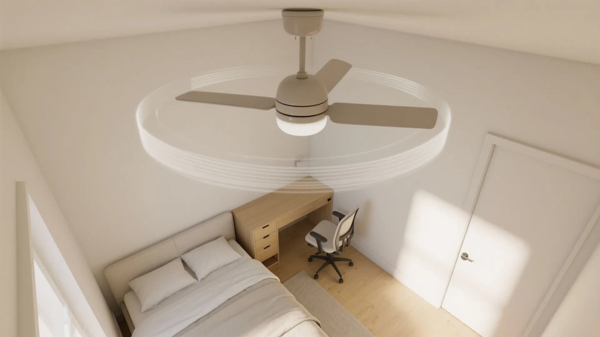 Modern bedroom interior design drawing with spinning ceiling light fan above wooden desk and bed