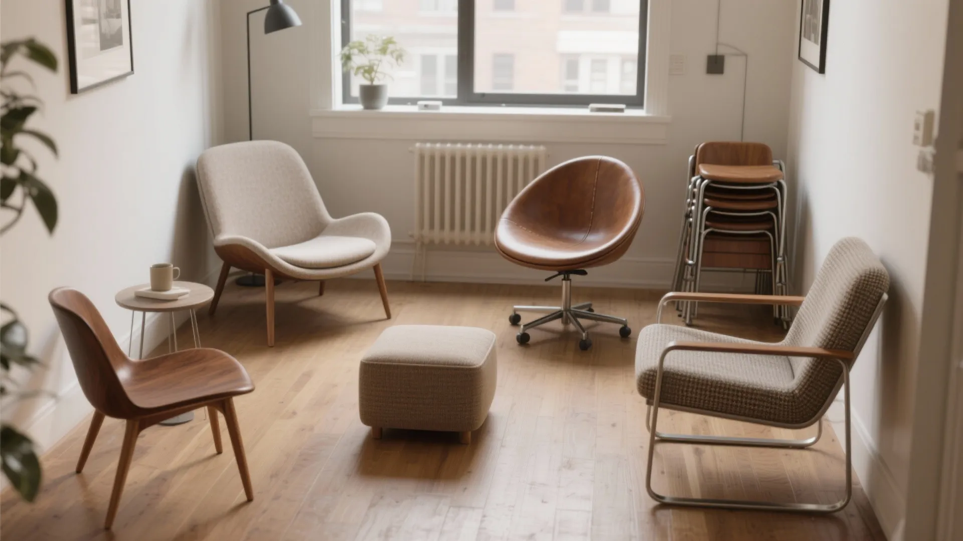 Bright living room with various modern chairs, small footrest, wooden floor, and a large window