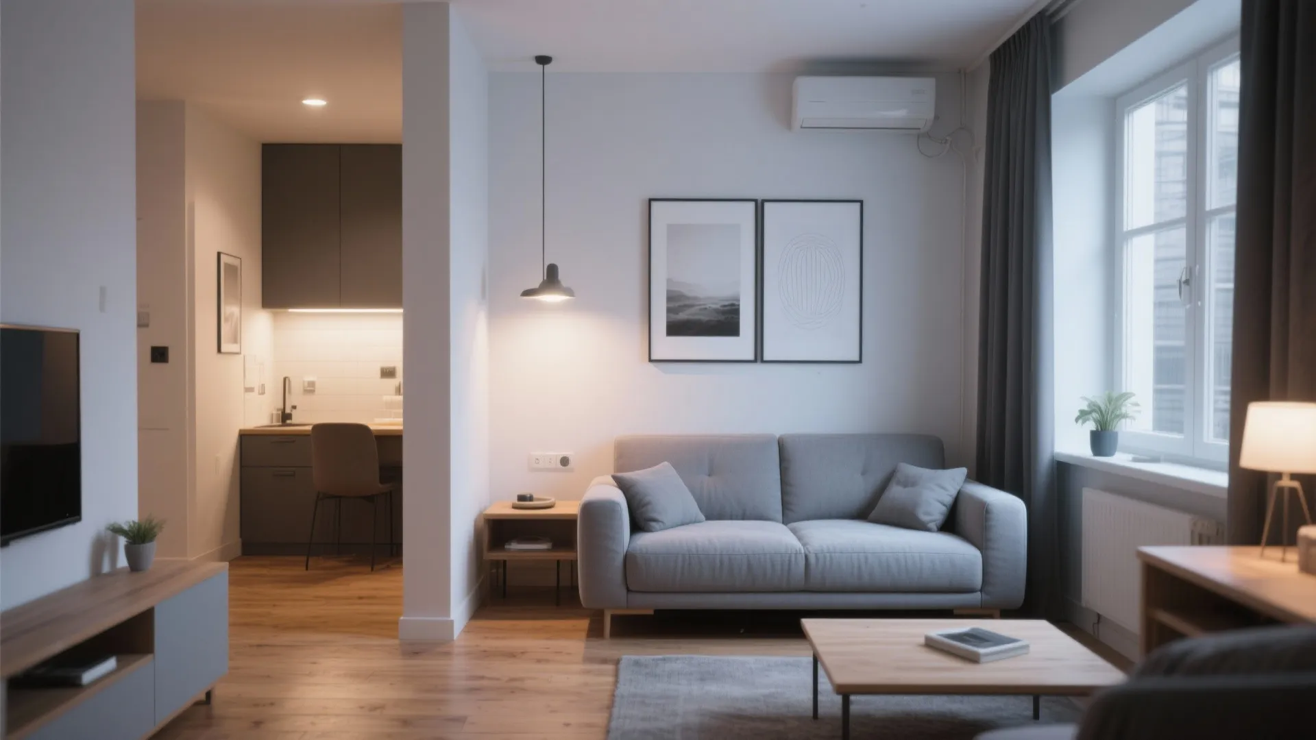Small apartment interior design with grey sofa wooden coffee table hanging light and kitchen area view
